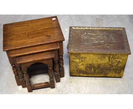 A small solid oak nest of three tables on ring turned supports, width of largest 43cm and a twin handle brass coal bin with r