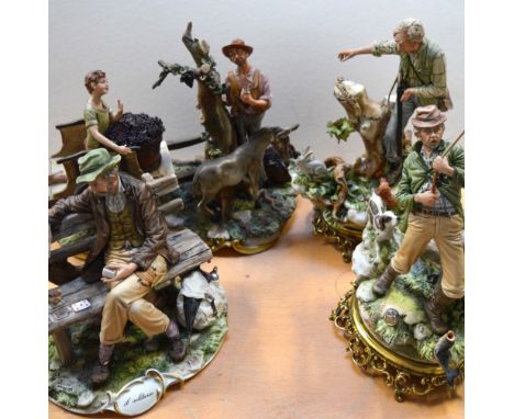 Four Capodimonte figure groups, one depicting a fisherman and his dog on gilt metal base, signed Sandro Maggioni, dated 1972,