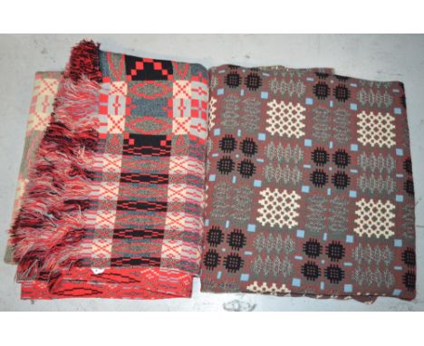 Two vintage 100% Welsh wool tapestry throws, with geometric pattern in raspberry red, grey and black and one in black, red, f