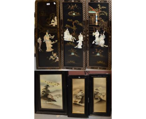 Three Oriental lacquered panels with relief mother of pearl decoration, all 90 x 30cm, a pair of gilt heightened Japanese pri