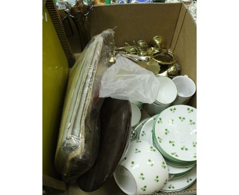 A Shelley "Shamrock" pattern part tea service, together with a box of various sundries including various brass ornaments, car