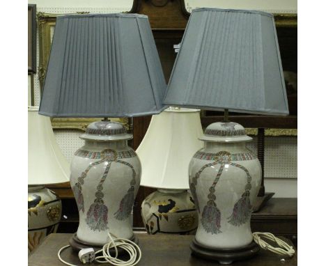 A pair of modern glazed pottery table lamps with tassle decoration, together with shades and AFTER SIR WILLIAM RUSSELL FLINT 