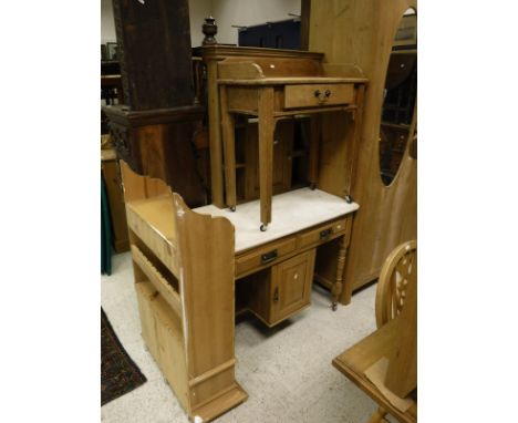 A pine single door washstand, pine and bleached walnut two door wardrobe, modern pine hanging cupboard, a marble top washstan