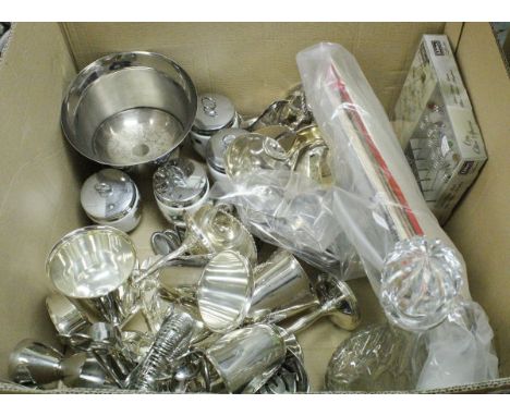 A box of various plated wares including goblets, Royal Worcester egg coddlers, cut glass decanter, Royal Commemorative newspa