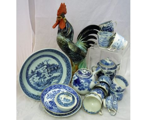 A Giovanni Ronzin of Basanno figure of a cockerel, Chinese blue and white porcelain bowl, a smaller Chinese blue and white bo