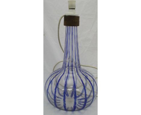 A Venetian blue striped clear glass vase of onion form, now as a table lamp