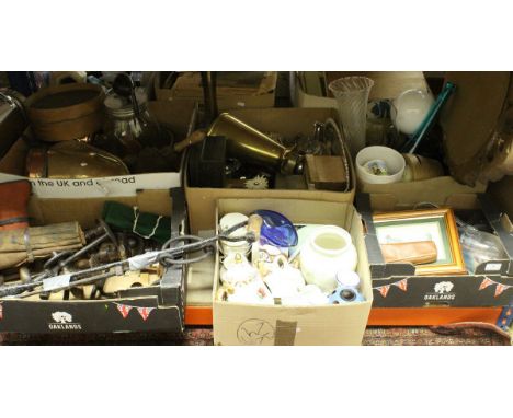 A box containing assorted vintage tools, to include braces, roll drills, etc,a box of vintage kitchenalia, to include butter 