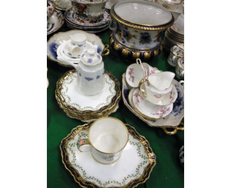 A collection of various Adderley china wares, including Flow blue jardinier, two Flow blue bowls with gilt open work handles,