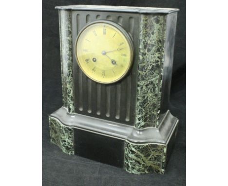 A Victorian black slate and green marble cased mantle clock, the eight day movement by Rollin of Paris with engraved brass di