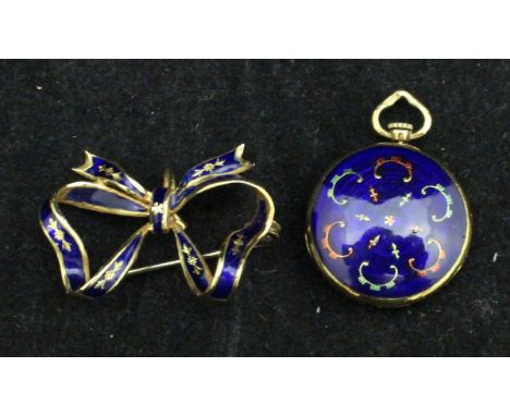 An 18 carat gold and blue enamelled bow brooch and locket, 9.7 g overall