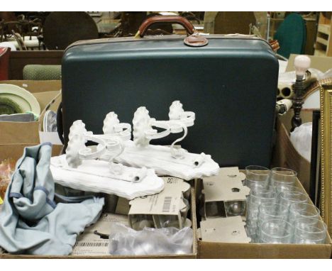 A modern Samsonite suitcase and vanity case, modern leather covered briefcase, large collection of various tea light holders 
