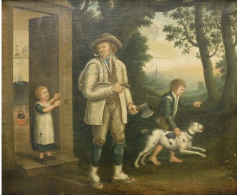 ROBERT DONALD ELLIOTT IN THE MANNER OF GEORGE MORLAND "Country scene of a man with machete and axe leaving a house with boy a