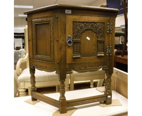An Old Charm style credence type table with single cupboard door above turned support stretchered base, a modern mahogany che