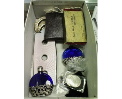 A box of various objets de vertu including a guilloche enamel decorated triple light switch cover, together with note of Prov