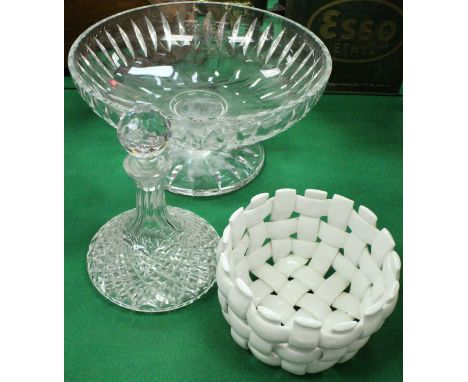 A large cut glass pedestal fruit bowl, cut glass ship's decanter and stopper and a cream glazed pottery bowl (3)