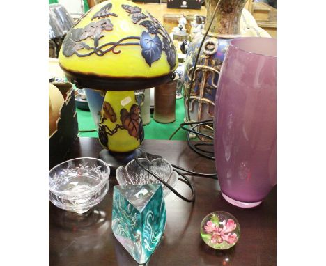 A modern Gallé style table lamp, amethyst glass vase, five various glass bowls and ornaments and a box of various china wares