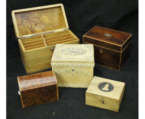 A 19th Century mahogany and satinwood strung single section tea caddy, together with an olive wood stationery box, Sorrento s