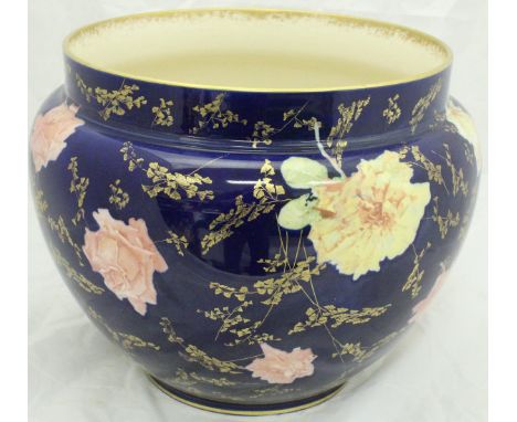 A Royal Doulton blue ground rose and gilt foliate decorated jardinier CONDITION REPORTS Approx max diameter 36 cm, approx hei