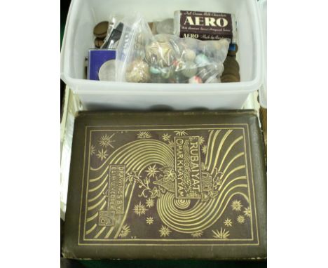 A box of various Coin of the Realm and foreign coinage, a bag of various vintage pottery and glass marbles, wall mirror inscr