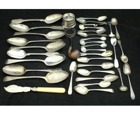 A collection of various silver spoons to include three pairs of tablespoons, three various tablespoons, fourteen various teas