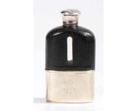 Victorian silver, clear glass and black leather hip flask, London 1872, maker Wright and Davies, retailed by Asprey, the silv