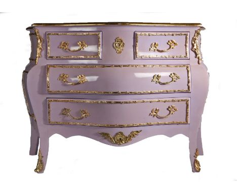 20th century French commode chest, of bombe form, in lilac, with gilt metal drawer fronts and handles, fitted two short over 