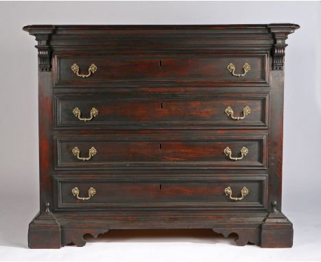 18th Century Italian ebonised walnut commode, the rectangular top with projecting corbels above four long graduated drawers r