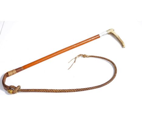 Late Victorian/early Edwardian riding crop, the antler handle above a silver collar initialled JAC and a malacca stem, the le