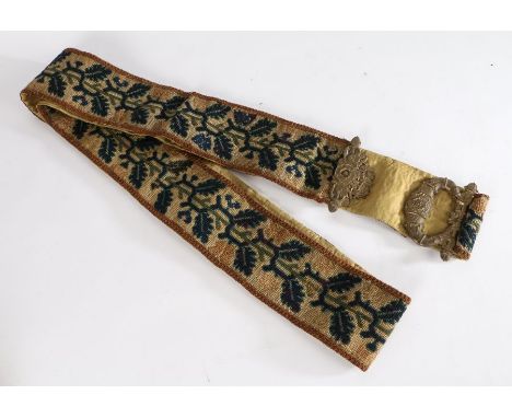Mid 19th century long tapestry servants’ bell pull with brass rose and scroll cast handle, 238cm long