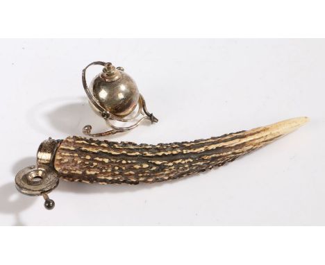 Sterling silver and red deer antler table lighter and cigar cutter, the antler with cutter to the ferule above a gimballed li