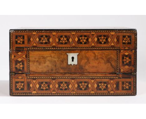 Victorian walnut and marquetry inlaid writing box, the hinged lid with mother of pearl cartouche to the centre and marquetry 