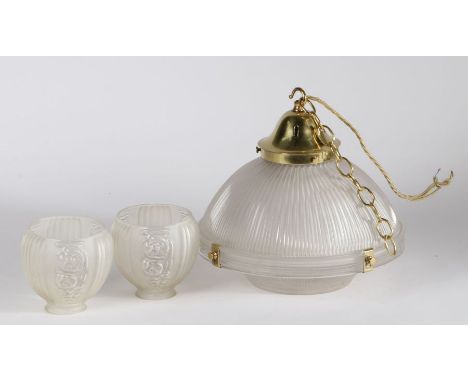 Early 20th century holophane light with it's original polished brass fittings, two 1920’s pressed glass lamp shades (3)