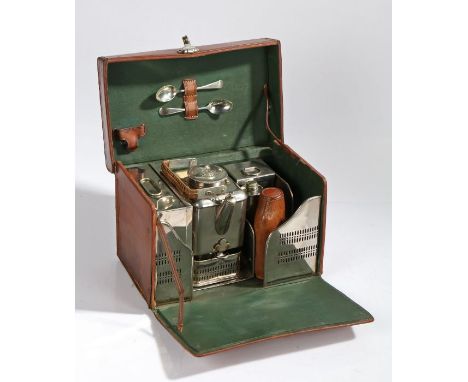 George W. Scott &amp; Co. picnic set, the brown leather case with carrying handle and English lever clasp, the interior conta