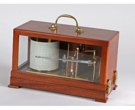 Mahogany and glass cased small brass barograph by the Gluck Barograph and Recorder Company Ltd. 32cm wide