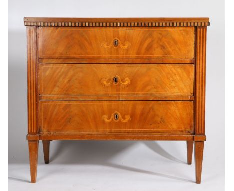 Late 19th Century French commode chest, the rectangular top above an inlaid frieze and three long drawers inlaid with swags a
