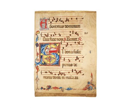 Job in bed displaying his skin afflictions, in a large historiated initial, with a border with a human drummer and a naked be