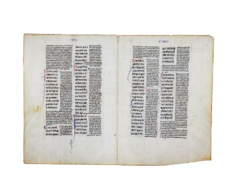 Bifolium from a copy of Peter Lombard, Magna Glossatura in Epistolas Pauli, with parts of St. Paul’s epistle to Timothy, in L