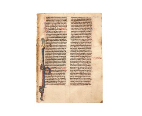Leaves from an English pocket Bible with a human drollery and a large illuminated initial, in Latin, manuscript on parchment 