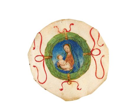 Cutting from a manuscript, probably a choirbook, with the Virgin and Child in a wreath, manuscript on parchment [Italy (perha