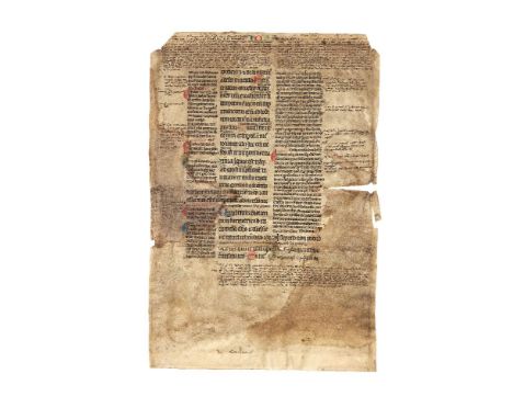 Leaf from a Glossed Bible from the medieval library of Cambron Abbey, in Latin, decorated manuscript on parchment [northern F
