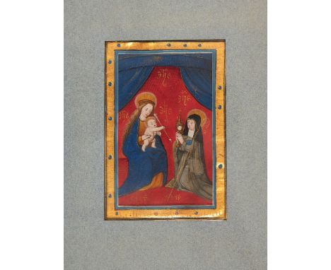 St. Clare of Assisi holding a monstrance before the Virgin and Child, miniature from a devotional manuscript on parchment [Fr