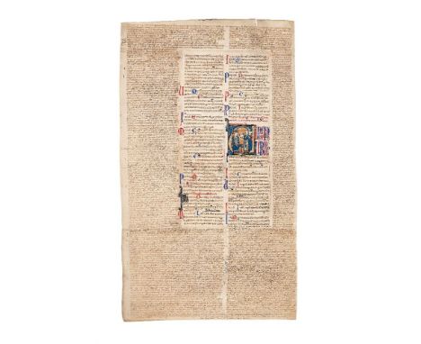 Emperor Justinianus as an enthroned king handing his lawcodes (here as a single-sheet document) to two young men, on a large 
