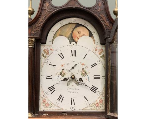 EARLY 19TH CENTURY OAK & MAHOGANY LONGCASE CLOCK with 8 day movement, swan neck pediment, rolling moon dial, marked 'T. Wilco