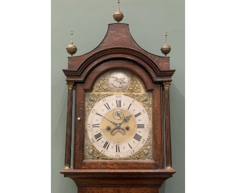 19TH CENTURY OAK LONGCASE CLOCK with brass dial, marked 'R. Midgley of Exeter', weights and pendulum, 241 (h) x 48 (w) x 23cm