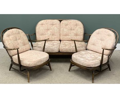 MID-CENTURY ERCOL THREE PIECE SUITE with spindle backs including two seater sofa 77 (h) x 141 (w) x 92cms (d) and pair of arm