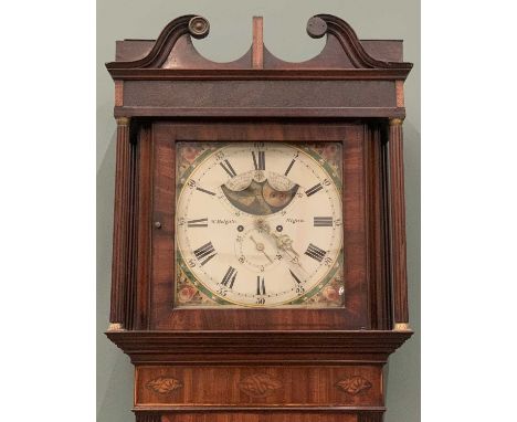 19TH CENTURY MAHOGANY LONGCASE CLOCK with shell inlay, rolling moon dial, marked 'W. Holgate, Wigan' with twin weights and pe