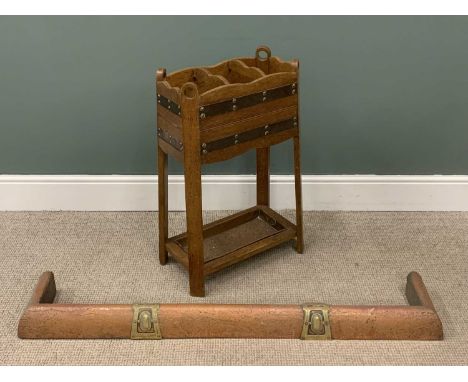 ARTS & CRAFTS STYLE OAK STICK STAND with copper drip tray and banding, 77 (h) x 47 (w) x 25cms (d) and a similar style copper