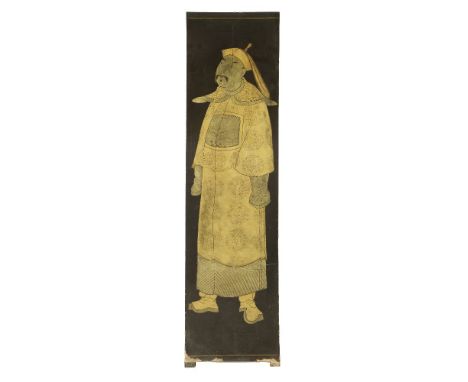 A Chinese lacquered six-fold screen,second half of the 19th century, finely painted in two-colour gold, with six renowned war