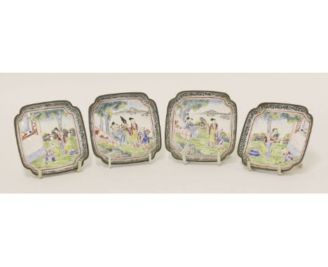 Two pairs of Chinese Canton enamelled trays,18th/19th century, of shaped square form with indented corners, one pair painted 