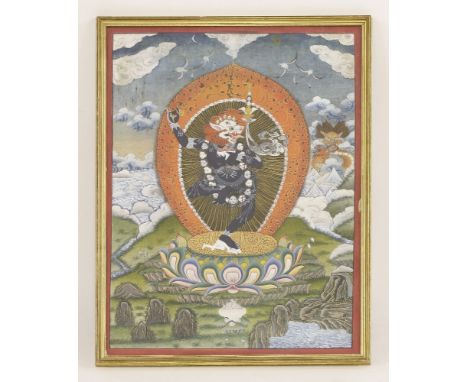 Two Tibetan thanka, 20th century, one double-sided, the front painted with a deity with a Buddhist lion head, standing on one